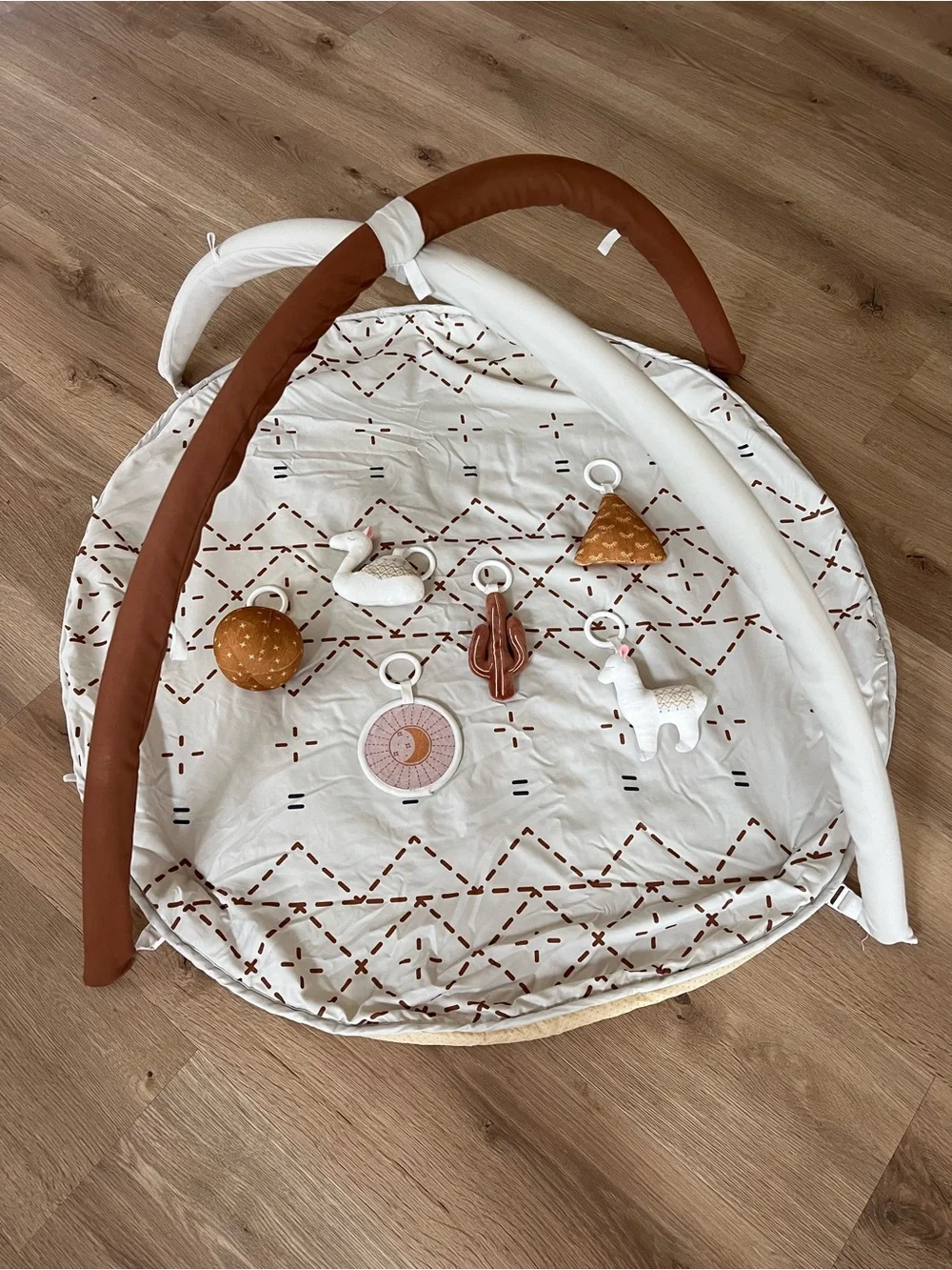 Neutral White & Brown Baby Play Gym - Soft Activity Mat with Hanging Toys
